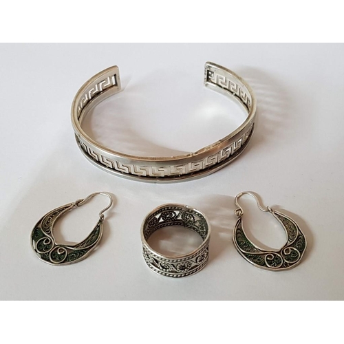 106 - Silver Jewellery with Ethnic Pattern; Bracelet, Ring and Pair of Earrings