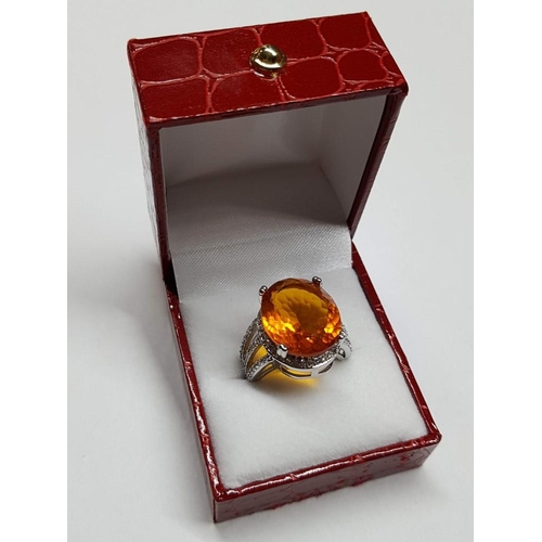 116 - Silver Ring with Large Citrine Colour Stone Surround by Clear Gemstones, Size M/N