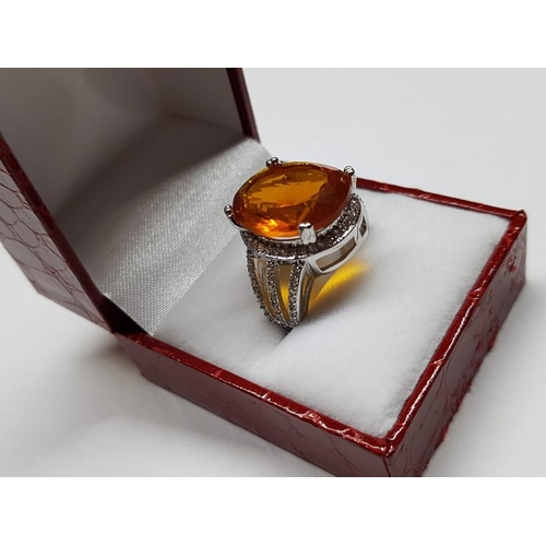 116 - Silver Ring with Large Citrine Colour Stone Surround by Clear Gemstones, Size M/N