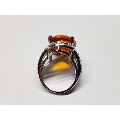 116 - Silver Ring with Large Citrine Colour Stone Surround by Clear Gemstones, Size M/N