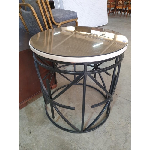 118 - Round Table with Black Finish Metal Base, Stone and Glass Top (Ø66cm)