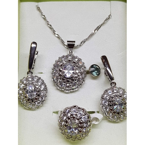 130 - Gist Set inc; Silver Colour Jewellery with Large Crystals Earrings, with Matching Chain and Pendant ... 