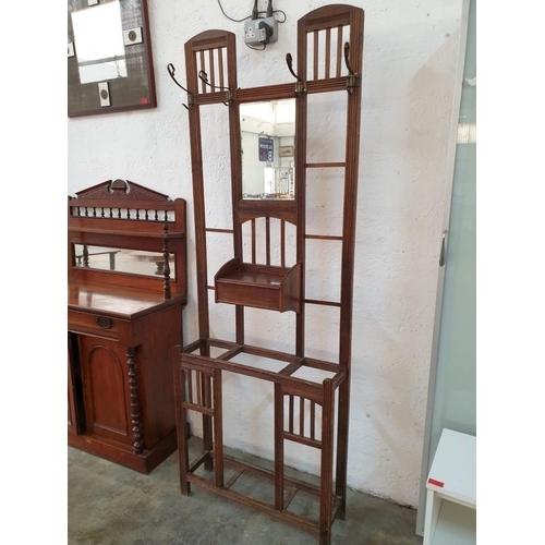 133 - Vintage Hallway Unit with Bevel Glass Mirror, Coat Hooks, Umbrella Stand and Lift - Up Drawer