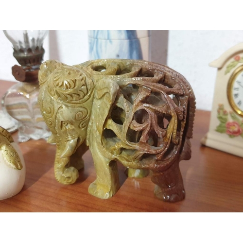 201 - Collection of Ornaments, Soapstone Elephant Glass Bird Candleholders, Porcelain Napkin Rings, 