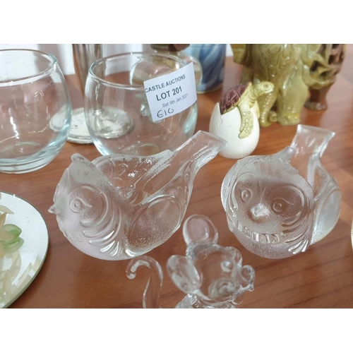 201 - Collection of Ornaments, Soapstone Elephant Glass Bird Candleholders, Porcelain Napkin Rings, 