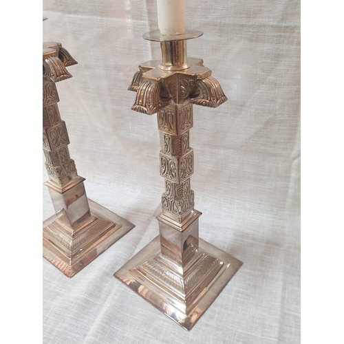 287 - A Pair of Fine Silver Plated Large Candle Sticks in Aztec Design on Square Base, Approx H:31cm (2) [... 