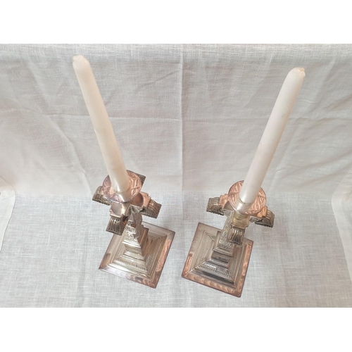 287 - A Pair of Fine Silver Plated Large Candle Sticks in Aztec Design on Square Base, Approx H:31cm (2) [... 