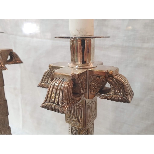 287 - A Pair of Fine Silver Plated Large Candle Sticks in Aztec Design on Square Base, Approx H:31cm (2) [... 