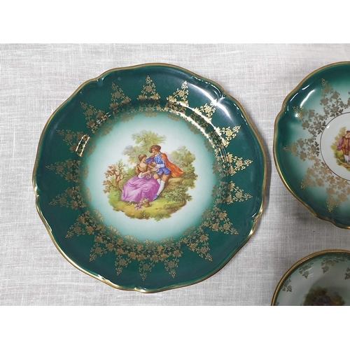 290 - Bavarian Cup, Saucer and Side Plate, Circa 1900, Victorian Couple with Green Border and Gold Trim (3... 