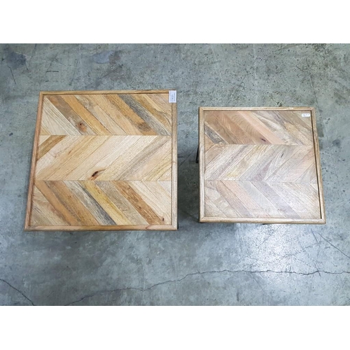 64 - Set of 2 x Wooden Industrial Side Tables (One; 40.5cm x 40.5cm x 58cm and Other 35.5cm x 35.5cm x 52... 