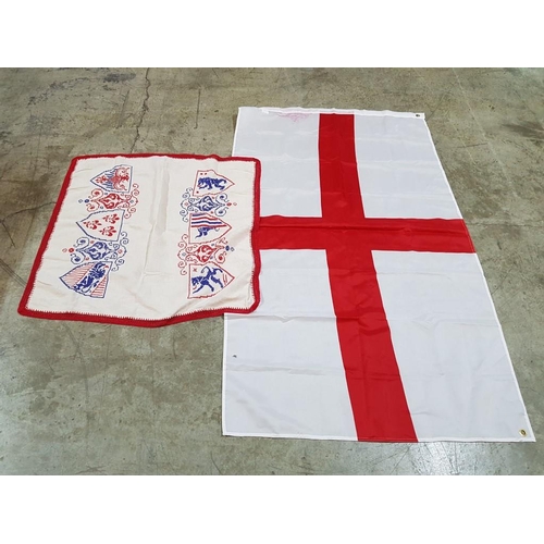 65 - English Flag (150cm x 86cm) and Hand Embroidered Table Cloth with Heraldic Pattern (80cm x 80cm)