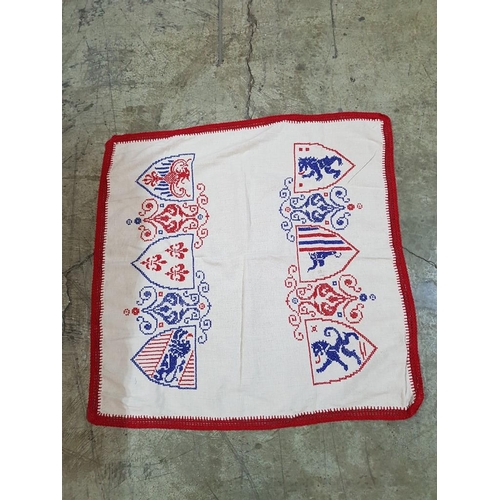 65 - English Flag (150cm x 86cm) and Hand Embroidered Table Cloth with Heraldic Pattern (80cm x 80cm)