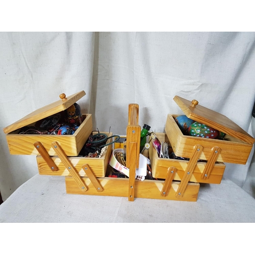 90 - Large Collection of Costume Jewellery, Souvenirs and Others in Wooden 3 - Tier Sewing Box