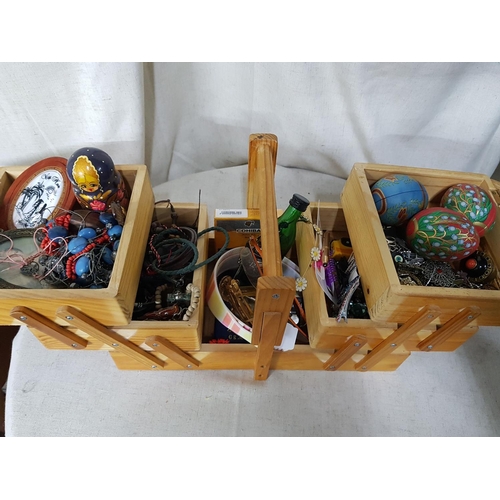 90 - Large Collection of Costume Jewellery, Souvenirs and Others in Wooden 3 - Tier Sewing Box