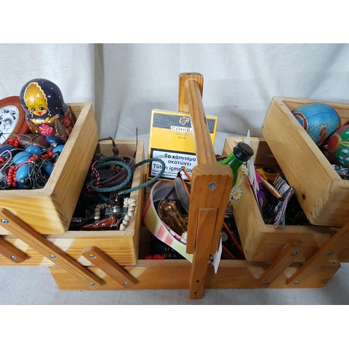 90 - Large Collection of Costume Jewellery, Souvenirs and Others in Wooden 3 - Tier Sewing Box