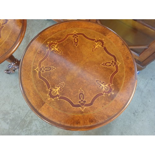 288A - A Fine Pair of Matching Early 20th C Mahogany Inlaid Round Side Tables with Turned Leg and Carved Tr... 