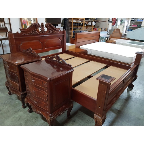 63 - Large Bed with Carved Chunky Dark Wood Surround, Together with Matching Pair of Wooden 3-Drawer Beds... 