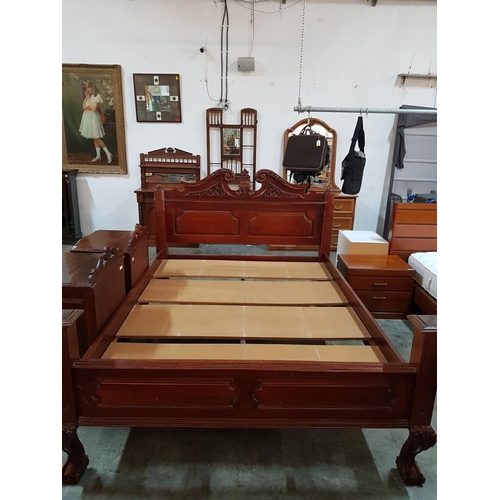 63 - Large Bed with Carved Chunky Dark Wood Surround, Together with Matching Pair of Wooden 3-Drawer Beds... 