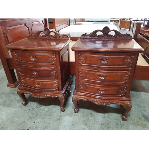 63 - Large Bed with Carved Chunky Dark Wood Surround, Together with Matching Pair of Wooden 3-Drawer Beds... 