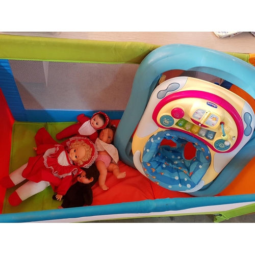 66 - Baby Travel Cot, with Musical Walker and Some Dolls