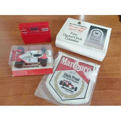 712 - Alain Prost (1985 World Champion) F1 Scale Model Car and Small Banner together with B&H Clock and Ot... 