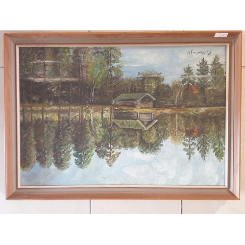 100A - Framed Oil on Board of Lakeside Barn & Trees, Signed 'C Nording 43' (Approx. 73 x 52cm Overall)