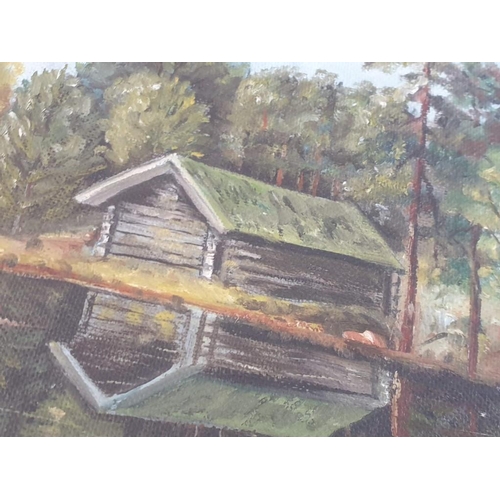 100A - Framed Oil on Board of Lakeside Barn & Trees, Signed 'C Nording 43' (Approx. 73 x 52cm Overall)