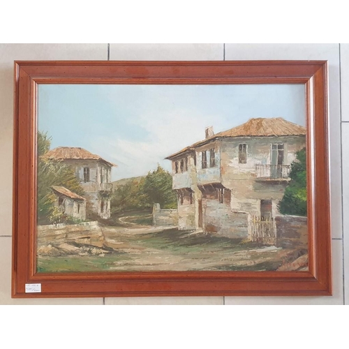 100B - Framed Oil on Canvas of Cypriot Village Scene, Signed Lower Right (Approx. 80 x 60cm Overall)