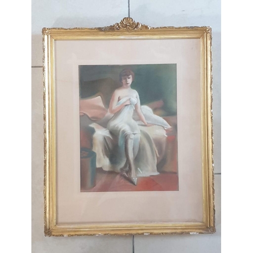 100E - Vintage Pastel Picture of Lady Sat on Bed in Ornate Frame (Approx. 58 x 45cm Overall)