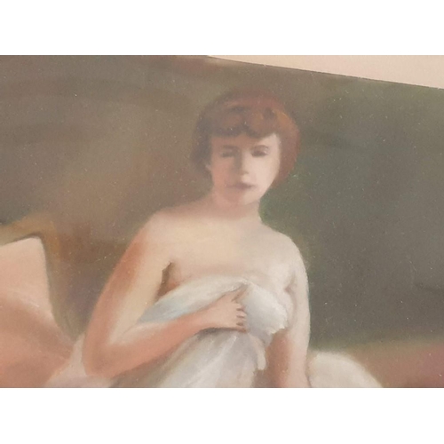 100E - Vintage Pastel Picture of Lady Sat on Bed in Ornate Frame (Approx. 58 x 45cm Overall)