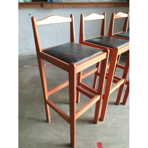 88 - Set of 3 x Solid Wood Stools with Back Rest and Padded Black Chair Vinyl Seat (37cm x 40cm x Seat He... 