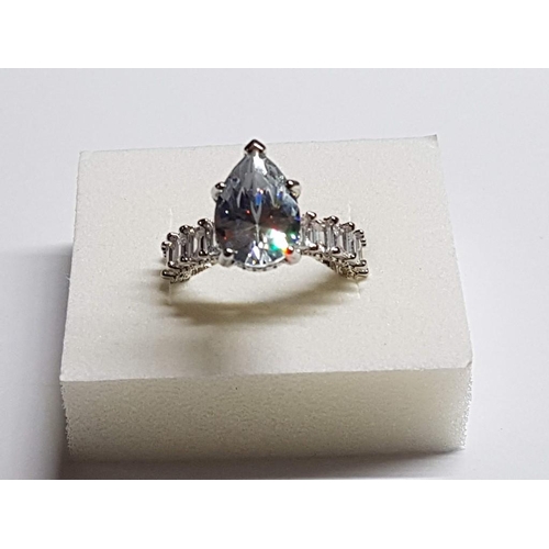 690 - Silver Colour / White Metal Ring with Large Clear Stone in Pear Shape, Size R/S (19/20)