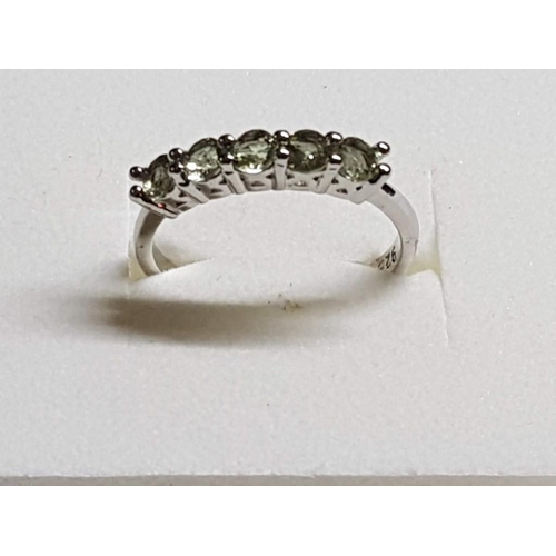 715 - Silver Colour / White Metal Ring with 5 x Light Green Stones, Size R (19)