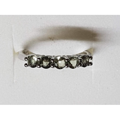 715 - Silver Colour / White Metal Ring with 5 x Light Green Stones, Size R (19)