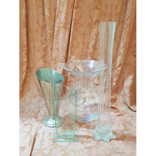 697 - 3 x Glass Vases and 1 x White Metal