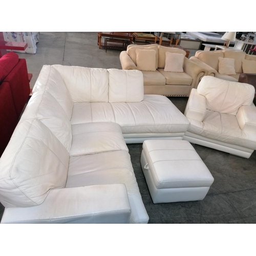 149 - White Leatherette Corner Sofa with Matching Armchair and Footstool with Storage