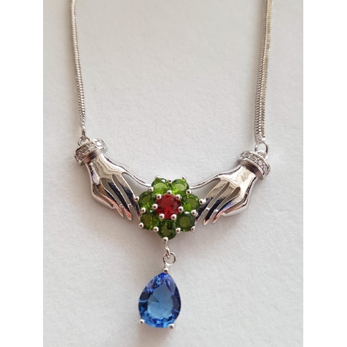 245 - White Metal Necklace with Green, Red and Blue Stones