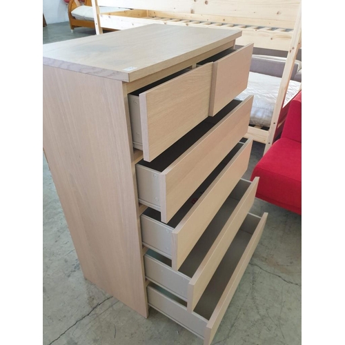 155 - Light Oak Colour Wood Effect 6 - Drawer Tall Boy / Chest of Drawers (81cm x 49cm x 123cm)