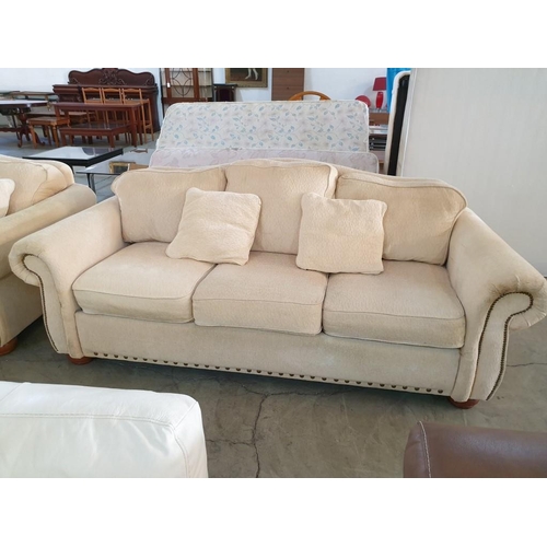 175 - Classical Style Cream Fabric 3 - Seat and 2 - Seat Sofa with Studded Scroll Arms and 4 x Scatter Cus... 