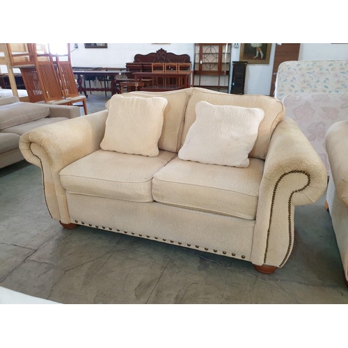 175 - Classical Style Cream Fabric 3 - Seat and 2 - Seat Sofa with Studded Scroll Arms and 4 x Scatter Cus... 