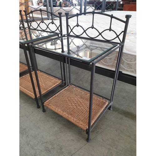 88 - Black Metal Bedside Unit with Glass Top and Cave / Rope Lower Shelf