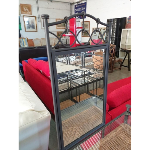 91 - Black Metal Dressing Table with Glass Top, Cane and Rope Shelf, Mirror Over and Stool