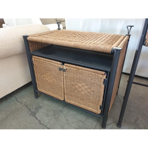 92 - Black Metal and Cane / Rope TV Unit with Cupboard (76cm x 52cm x 64cm)