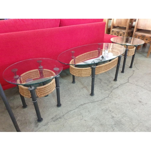 93 - Set of Black Metal Tables with Rope and Glass Top; Oval Shape Coffee Table and 2 x Round Side Table