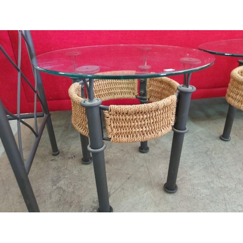 93 - Set of Black Metal Tables with Rope and Glass Top; Oval Shape Coffee Table and 2 x Round Side Table