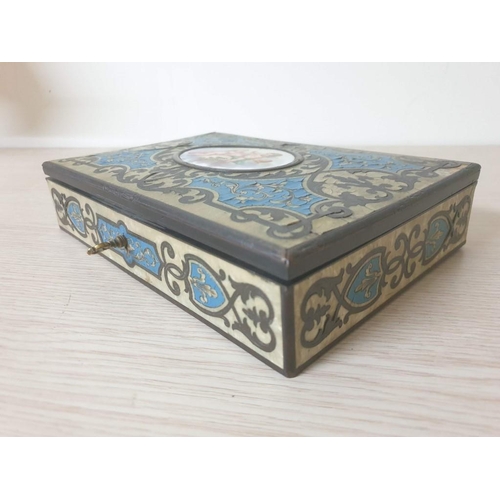 203 - A 19th Century Hand Painted Boulle Writing Box in Turquoise with Hand Painted Porcelain Cherub Plaqu... 