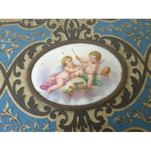 203 - A 19th Century Hand Painted Boulle Writing Box in Turquoise with Hand Painted Porcelain Cherub Plaqu... 