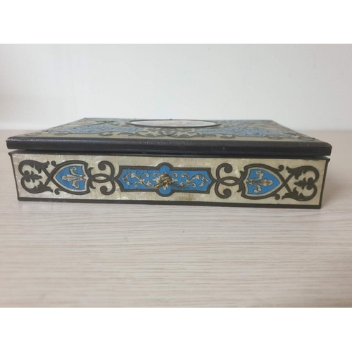 203 - A 19th Century Hand Painted Boulle Writing Box in Turquoise with Hand Painted Porcelain Cherub Plaqu... 