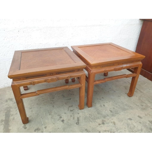 100 - A Pair of Chinese Elm Side Tables with Square Caned Tops (60cm x H:53cm) (Ref: FUR 563)