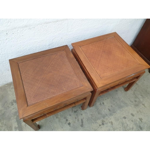 100 - A Pair of Chinese Elm Side Tables with Square Caned Tops (60cm x H:53cm) (Ref: FUR 563)